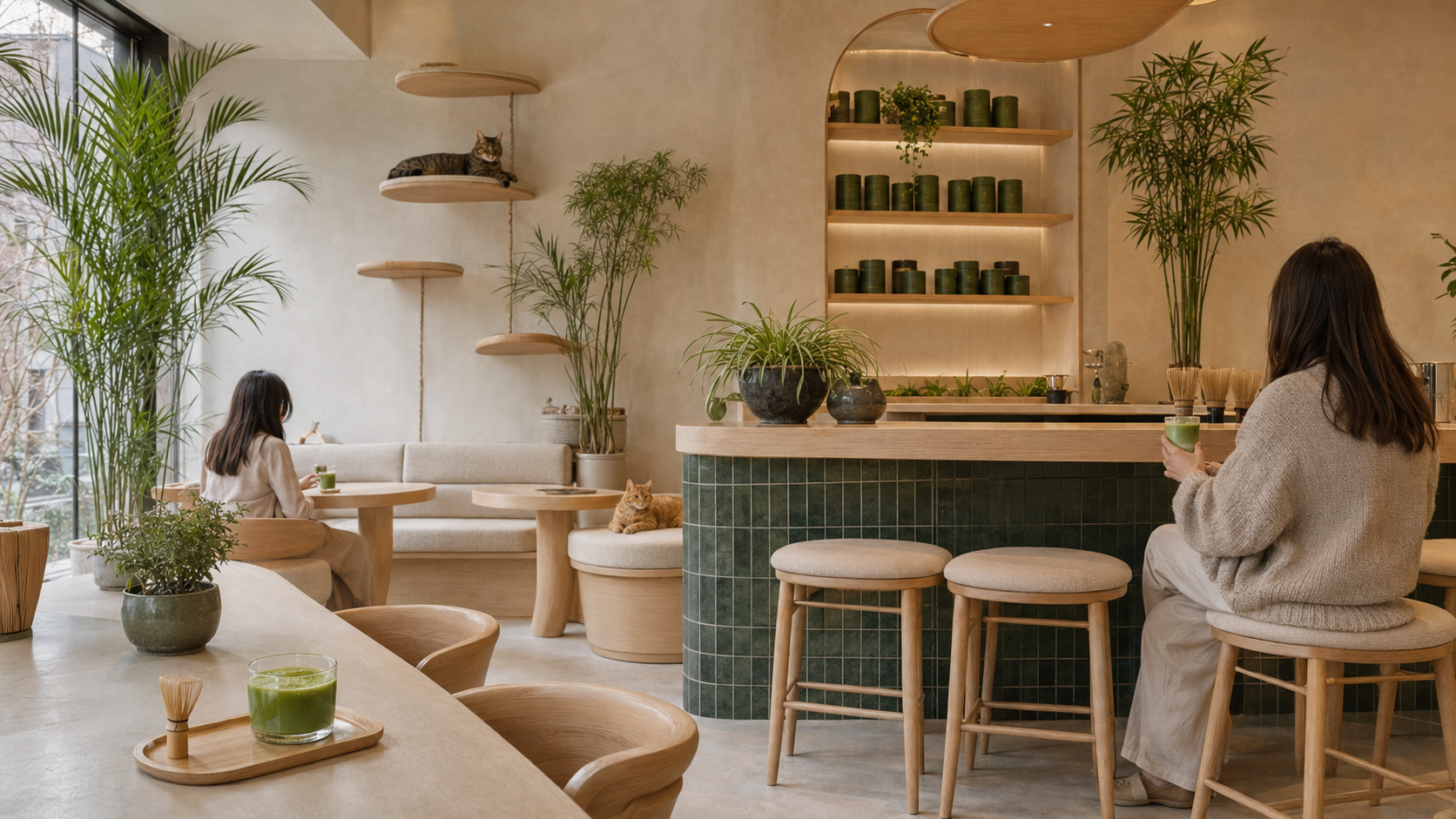 Inside MATCHA's warm Japandi matcha bar and cat lounge in Brooklyn