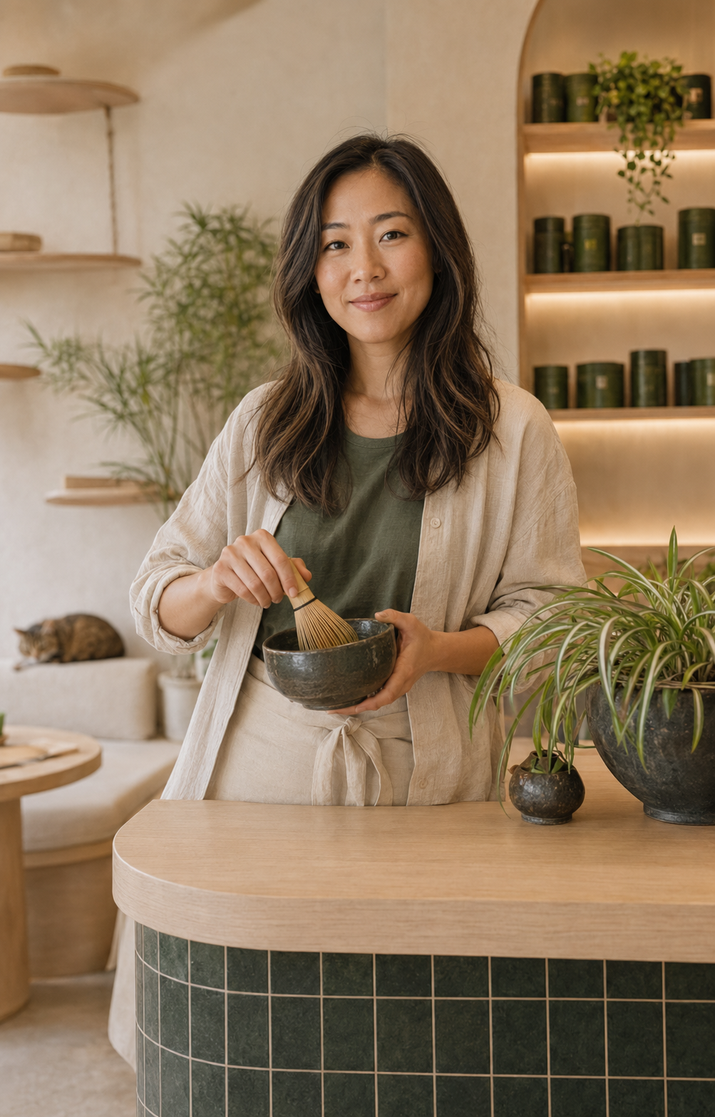 MATCHA founder Maya Chen whisking matcha at the bar