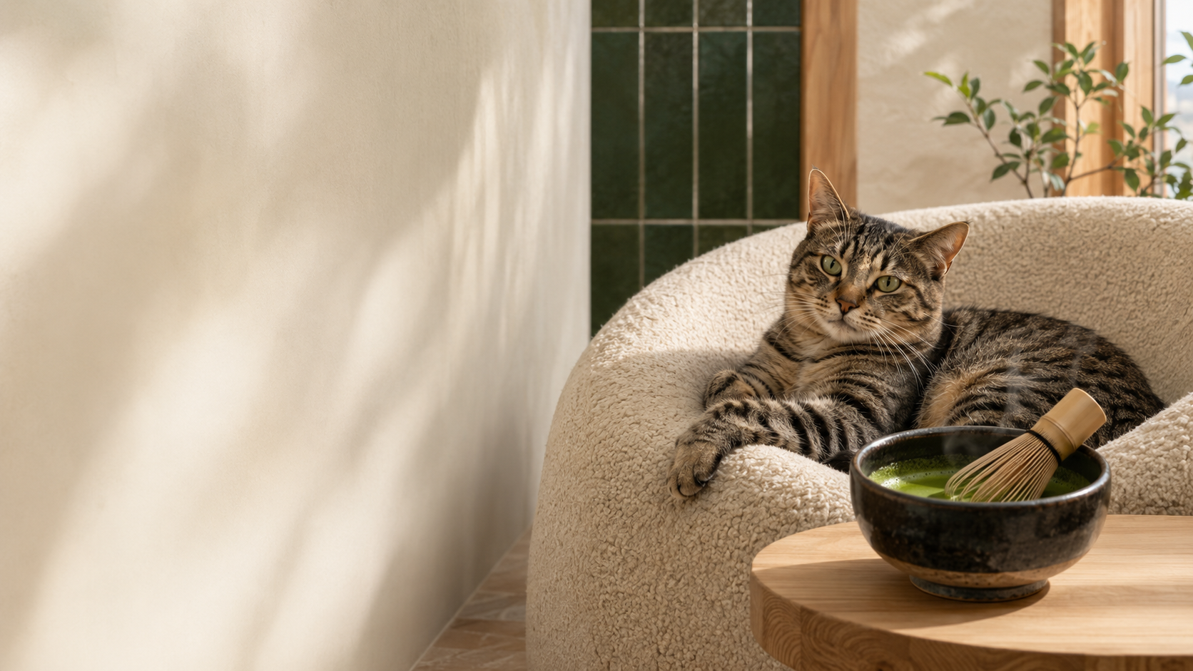 Tabby cat relaxing beside a freshly whisked bowl of matcha in the cafe