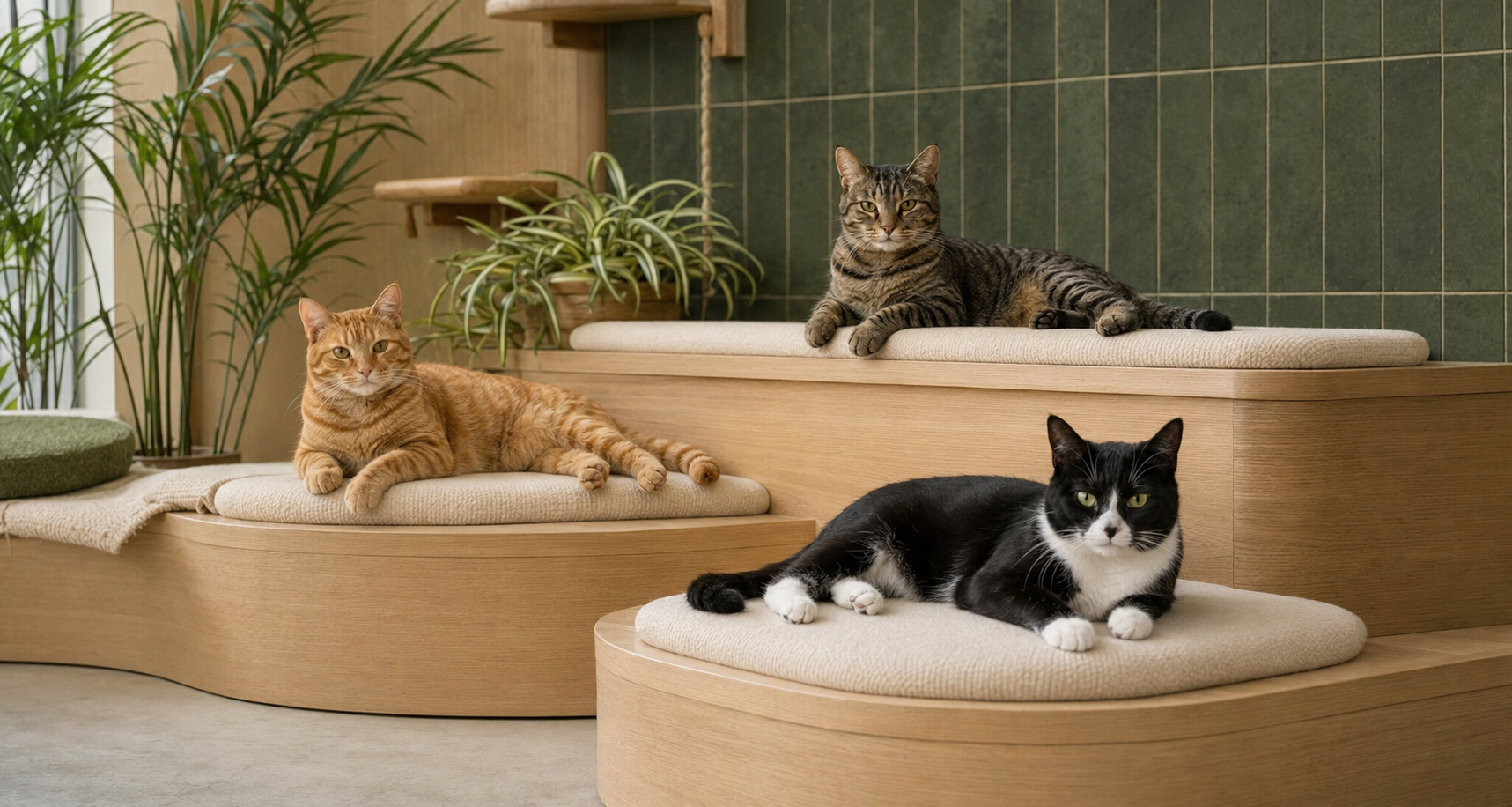 Mochi, Miso, and Nori relaxing on light oak cat furniture